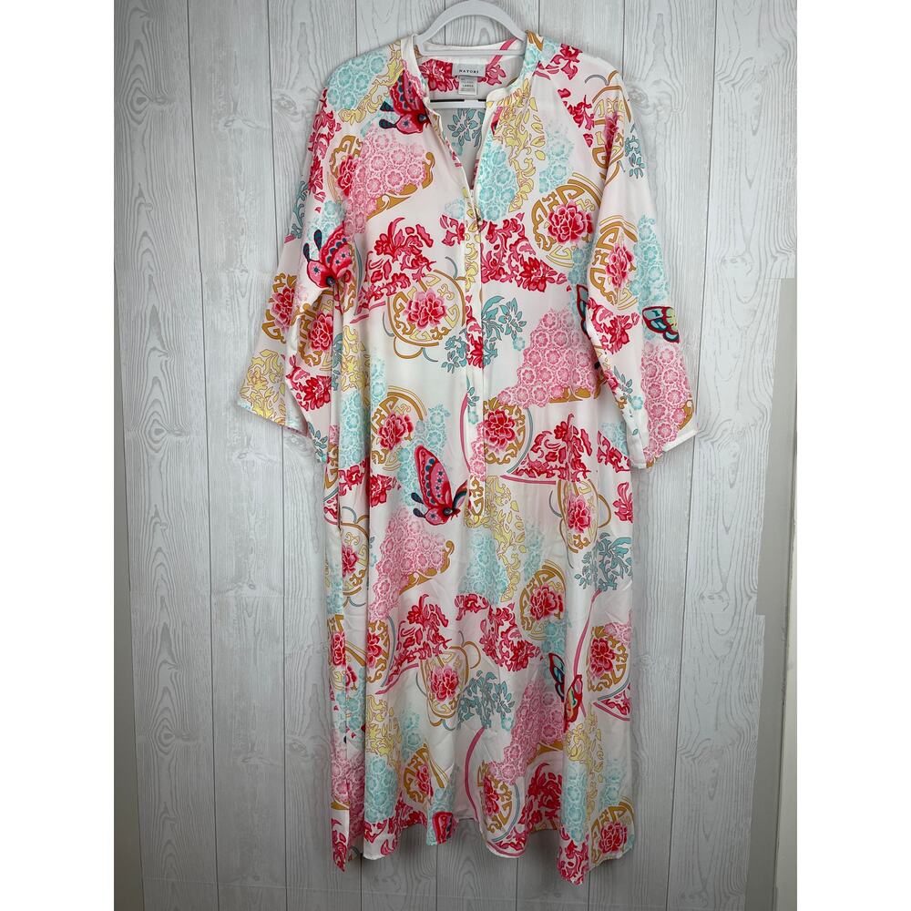 Natori Vintage Oriental Butterfly Satin Maxi Caftan Zip Robe Dress Sz Large